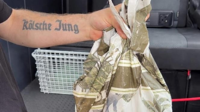 Hand hält eine zugeknotete Plastiktüte