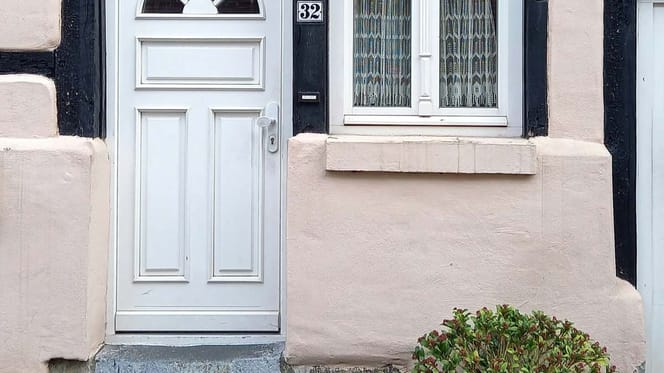 Haustür mit Blumen davor