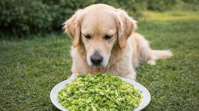 hond met bord andijvie