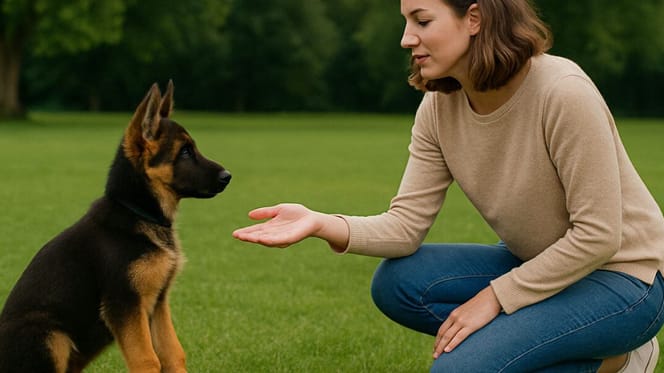 How long does it take to train a puppy? Woman training GS puppy