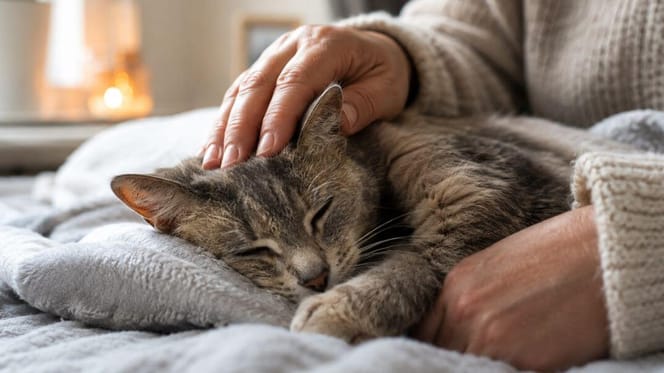 How to prepare for a cat’s death: owner stroking cat on lap