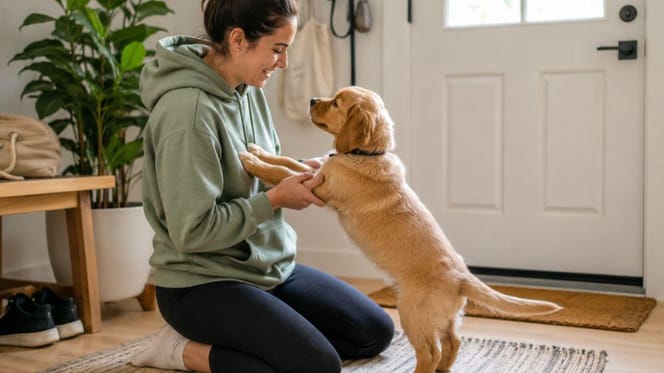 How to train your puppy not to jump up: woman with puppy jumping up