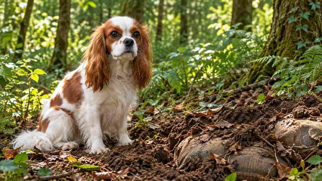 Hündin bewacht Stelle im Wald