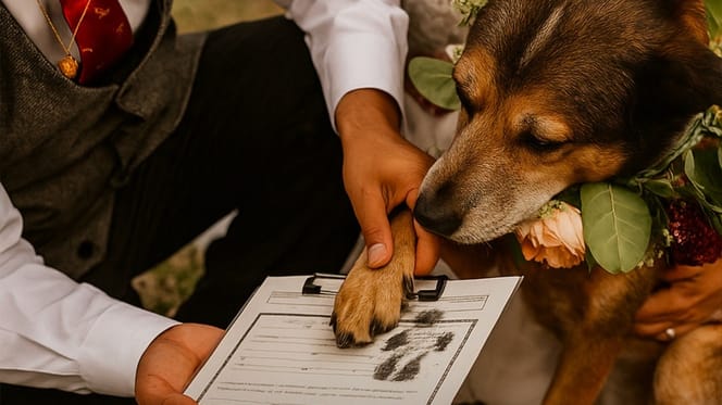Hund macht Pfotenabdruck auf Heiratsurkunde