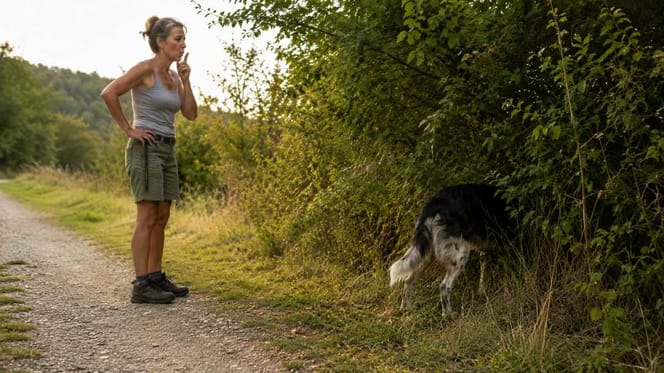 Hund schnüffelt in einem Gebüsch