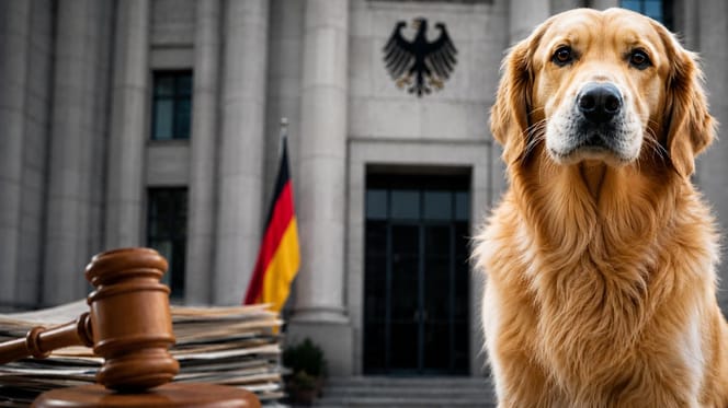 Hund vor einem deutschen Gerichtsgebäude