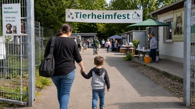 Junge mit Mutter besucht Tierheimfest
