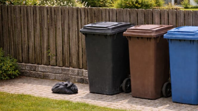 Kleines Bündel liegt neben Mülltonnen