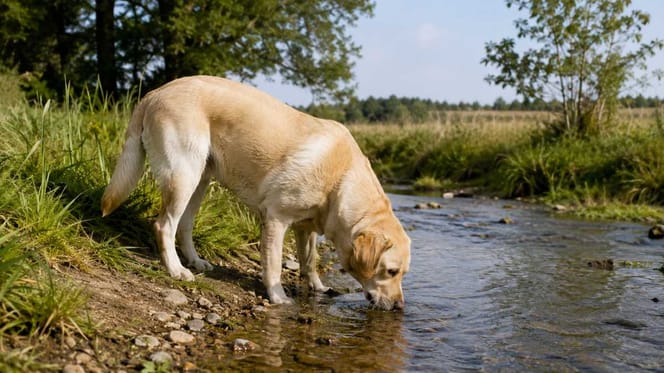 Labrador trinkt aus Bach