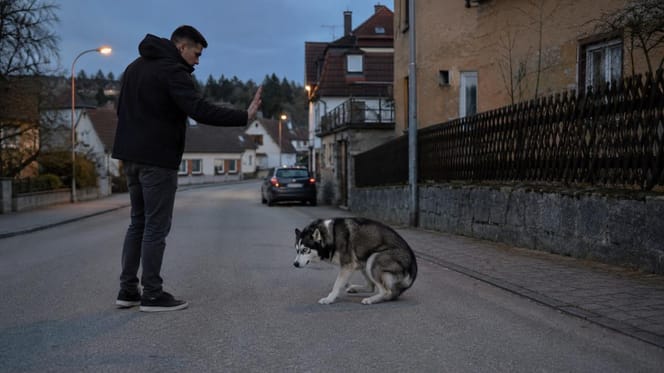Mann bedroht verängstigten Hund