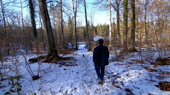 Man loopt door de besneeuwde natuurbegraafplaats