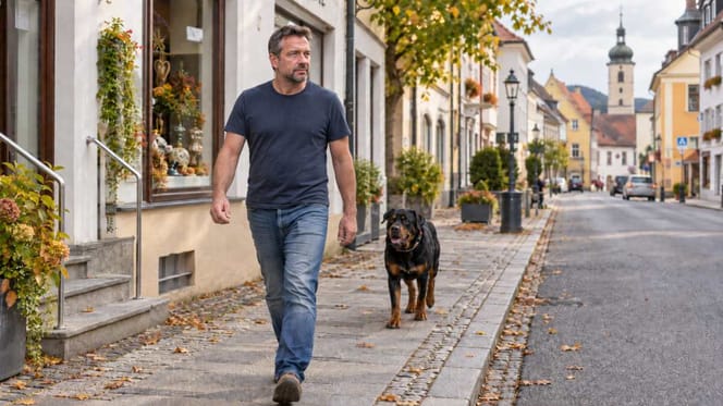 Mann geht mit Rollweiler durch die Stadt