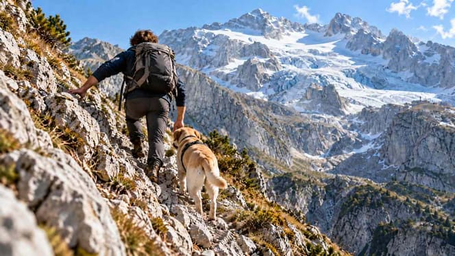 Mann  mit Labrador beim Bergsteigen