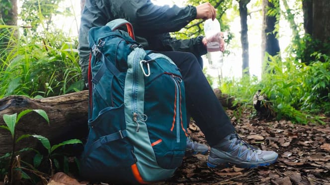 Mann mit Rucksack im Wald