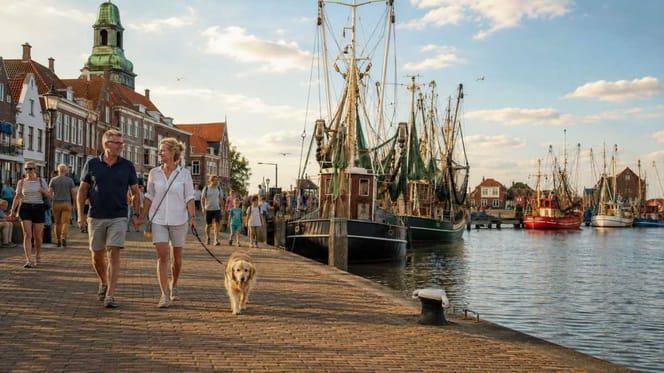 Paar mit Hund im Hafen