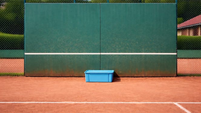 Plastikbox vor einer Tennis-Ballwand