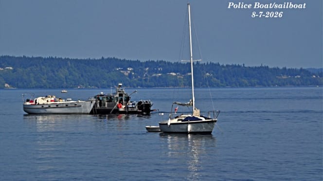 Polizeiboot legt neben Segelboot