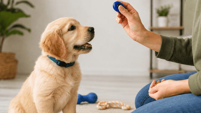 Puppy training with a clicker: Labrador puppy being clicker trained