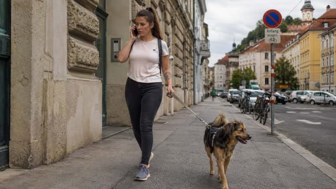 Telefonierende Frau geht Gassi