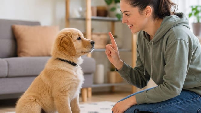 Training your 12-14 week old puppy: Woman training puppy