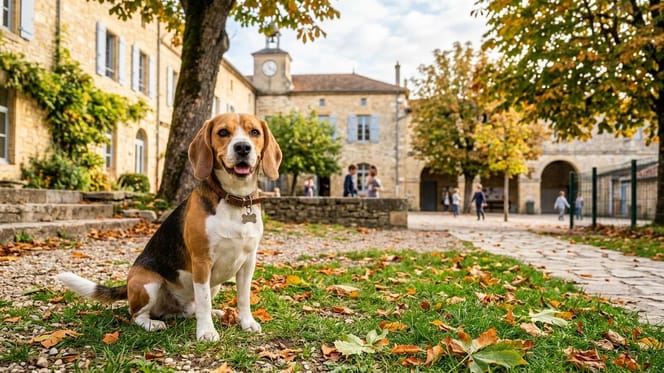 un beagle devant une école