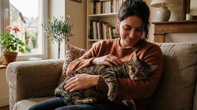 Eine Frau hält eine Katze liebevoll im Arm