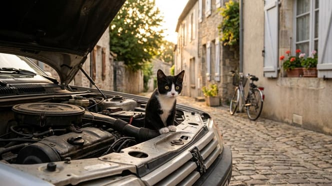 Ein kleiner Kater versteckt sich im Motorraum eines Autos