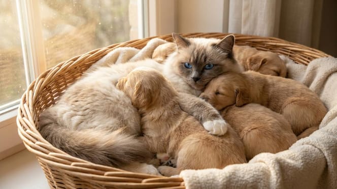 Un chat dans un panier de chiots