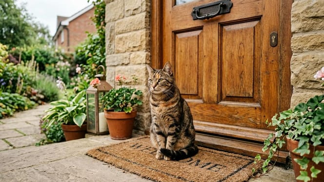 un gatto davanti alla sua casa