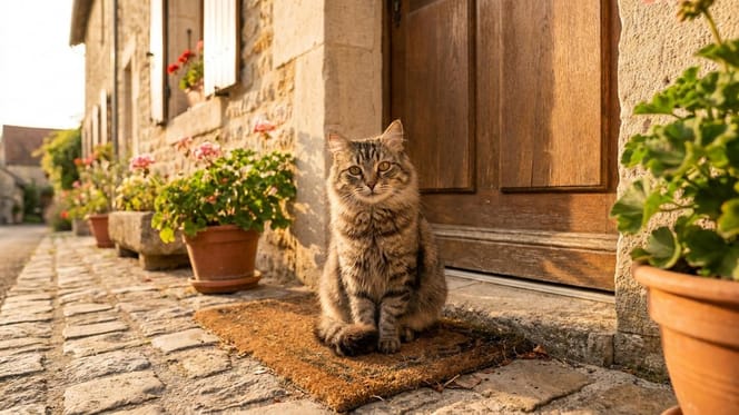 Eine Katze vor einem Haus