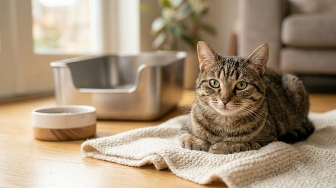 Un chat en parfaite santé près de sa gamelle