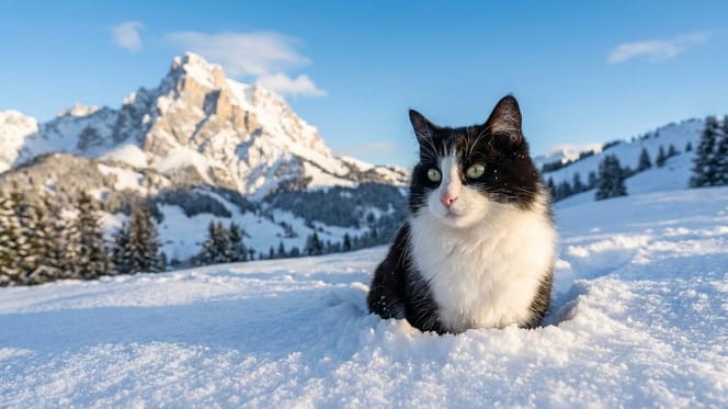 Een zwart-witte kat in de sneeuw