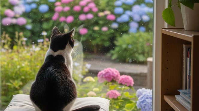 Een zwart-witte kat voor een raam