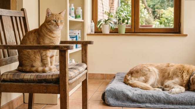 Eine Katze beobachtet einen Hund