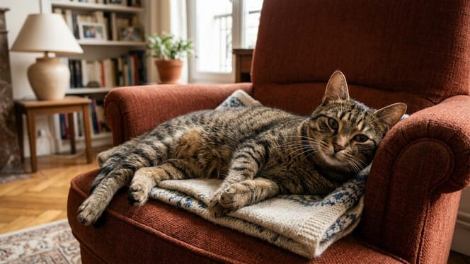Eine Katze liegt entspannt auf einem Sofa