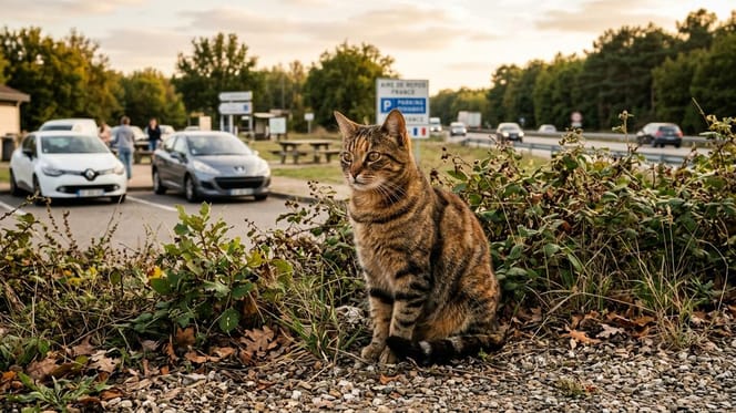 un gatto in un'area di servizio autostradale