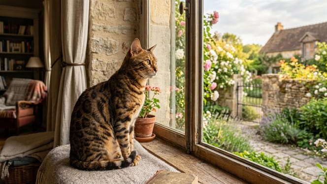 un chat tigré près d'une fenêtre