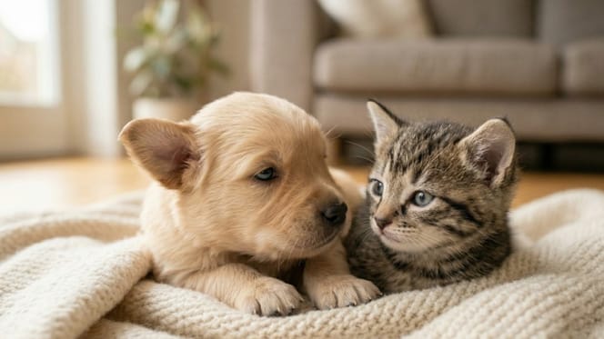 when do puppies and kittens start to hear: a kitten and a puppy looking at each other