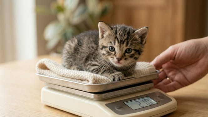 A kitten on a scale to check its weight