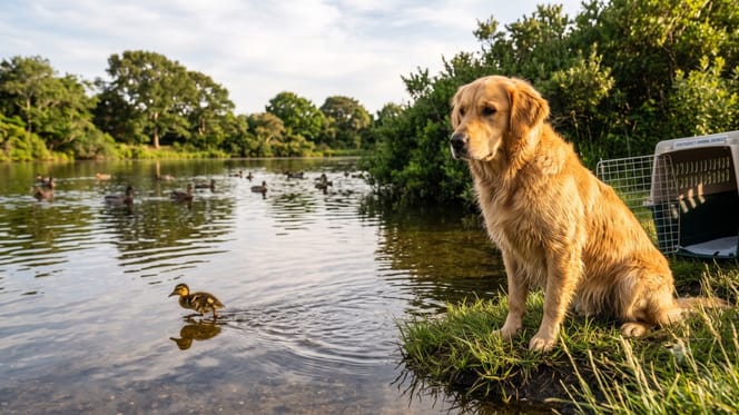 Un chien à côté de canards
