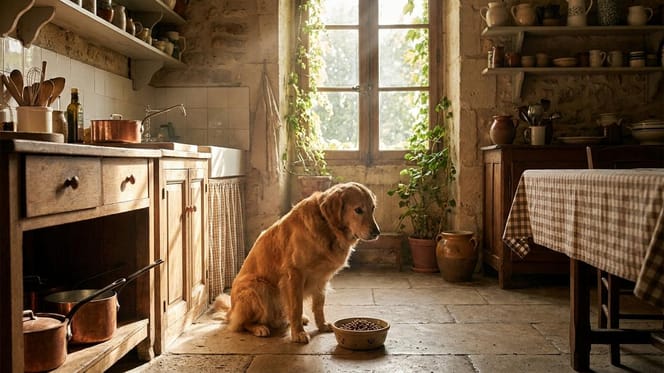 Un cane spaventato in una cucina
