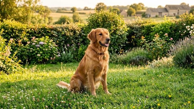 Ein Hund sitzt im grünen Garten