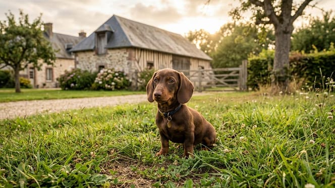 un chien devant une ferme