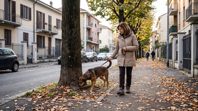 Een hond tijdens een wandeling met zijn baasje
