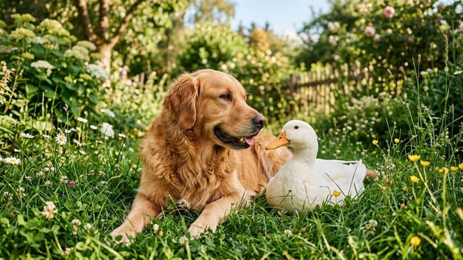 A dog and a duck