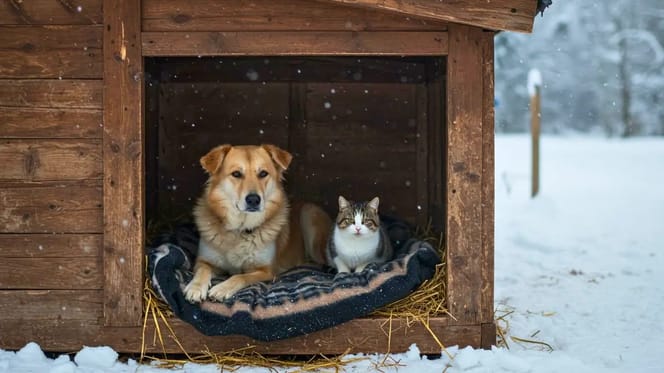 Chien et chat installés ensemble sur une couverture dans un abri en bois pendant une chute de neige hivernale