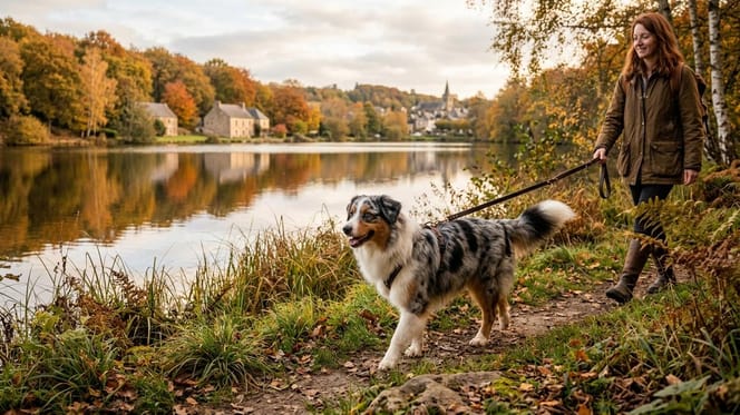 Ein Hund bei einem Spaziergang mit seinem Hundehalter