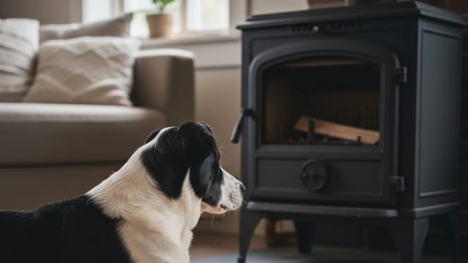 Un cane bianco e nero sdraiato davanti a una stufa