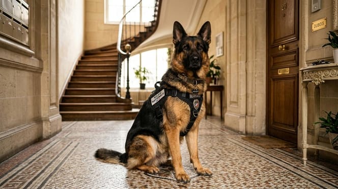 A police dog standing in the hallway of an apartment building