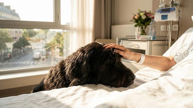 Ein Hund steht am Krankenbett seines Halters